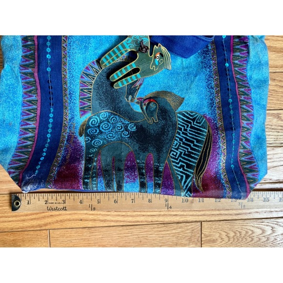 Laurel Burch Tote Bag Horses Folk Art Blue Sequins Zipper Closure - Picture 10 of 13